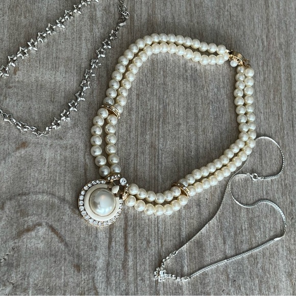 Jewelry - 3 necklaces pearls stars rhinestone flower silver